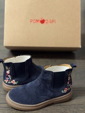Pom D'Api Paris Navy Suede Chelsea Boots with Floral Embroidery